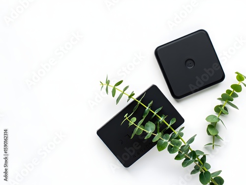 Stock photo of black wireless charger pad with eucalyptus leaves on white background