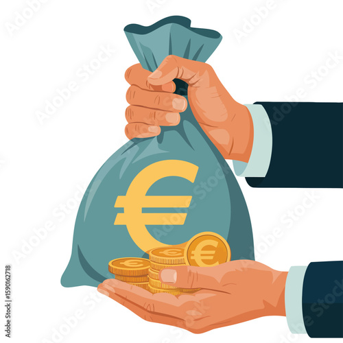Hand holding a money bag with euro symbol and coins being transferred