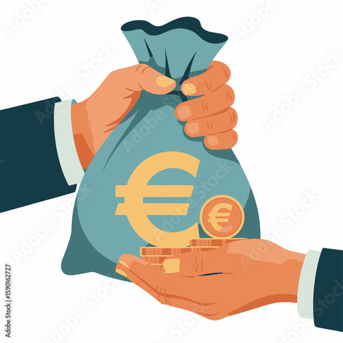 Two hands exchanging a money bag with euro symbols and coins