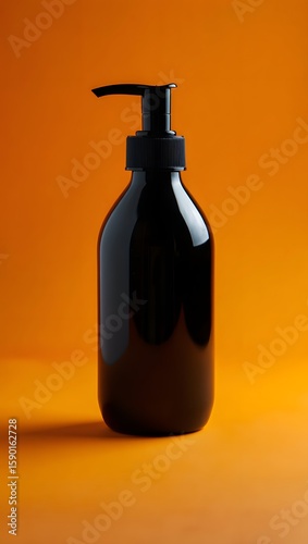 Black bottle with pump dispenser for soap lotion shampoo on orange background mockup