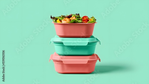 Stacked food containers with salad healthy meal prep lunch box reusable containers eco friendly