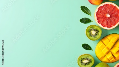 Fresh summer fruits background with grapefruit mango and kiwi healthy eating concept