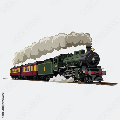 Vintage green steam locomotive pulling passenger cars with billowing smoke