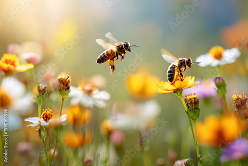 Bees flying and pollinating colorful wildflowers