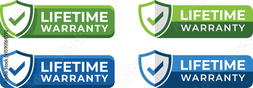 Lifetime warranty shield badge icons – blue and green vector labels with check mark symbol, perfect for product packaging, service guarantees, and branding design.