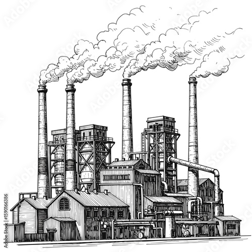 Engraving vintage ink sketch – Industrial factory with smoke – hand-drawn black and white vector illustration