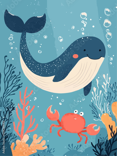 Gentle underwater scene with whale and crab swimming among coral and seaweed, perfect for nursery wall art or peaceful children's summer-themed prints
