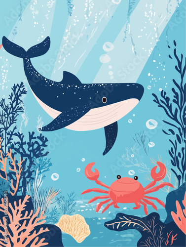 Minimal marine scene with whale and crab together in calm water  for seasonal summer printables, home decor or playful kids' designs