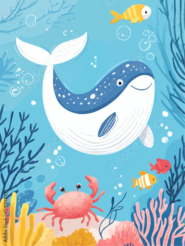 Whale and crab calmly floating in a soft underwater space with bubbles and coral, perfect for children’s greeting cards or summer-themed printable tags