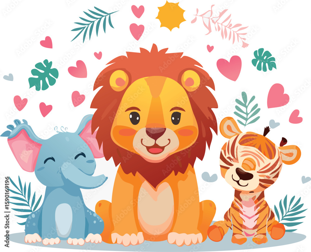 Obraz premium Adorable illustrations. Designed in soft pastel colors with rounded shapes and smiling expressions, perfect for nursery wall art, baby posters, greeting cards, textile prints, educational materials