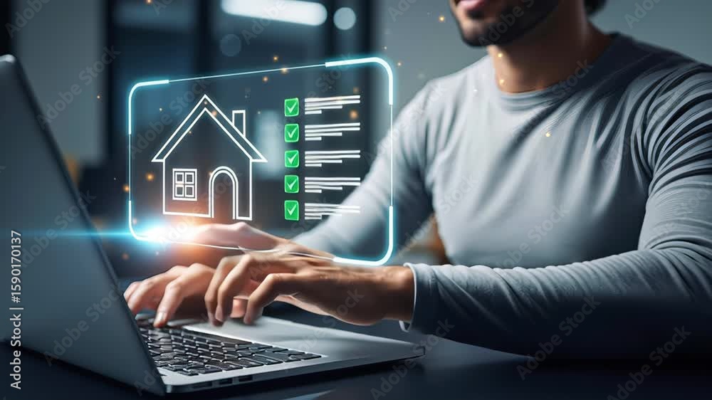 Person typing on laptop with holographic house icon and checklist interface, wearing casual long sleeve shirt. Concept of smart real estate, online property management and digital housing solutions
