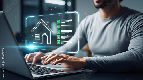 Person using laptop and interacting with holographic house icon and checklist interface, wearing casual long sleeve shirt. Concept of online real estate, property management and smart technology
