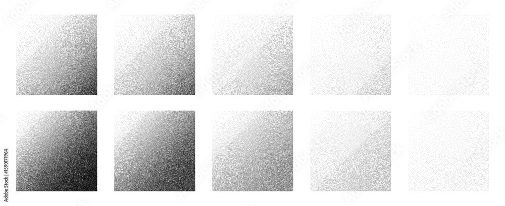 Eight square halftone gradient patterns from black to white. Stipple dot grain noise vector for texture overlay.