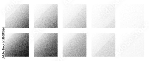 Eight square halftone gradient patterns from black to white. Stipple dot grain noise vector for texture overlay.