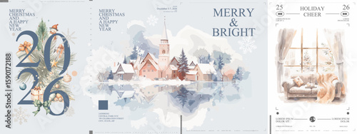 Elegant watercolor Christmas posters for 2026 with cozy winter scenes, festive elements, and village landscapes. Ideal for seasonal greetings, wall art, or invitations.