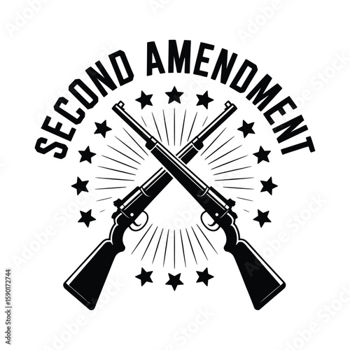 Second amendment rights with crossed rifles and stars silhouette isolated on white background