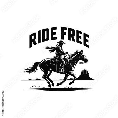 Cowboy riding a horse with the text ride free silhouette isolated on white background