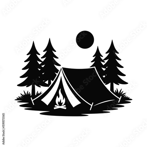 Camping scene with tent campfire and trees silhouette isolated on white background