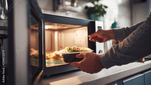 Man places a lunch container inside microwave oven at kitchen counter