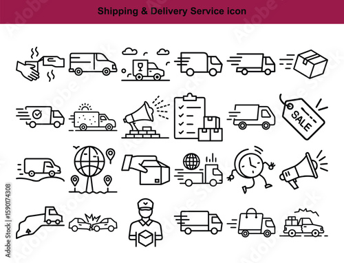 Shipping and Delivery Service Icon Set — 25 Line Style Vector Icons for Ecommerce, Logistics, Fast Shipping, Online Order, Courier, Tracking, Transportation