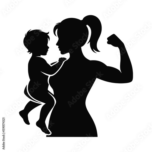 Strong mother holding baby flexing bicep silhouette isolated on white background