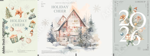 Watercolor holiday posters featuring festive decorations, cozy cabins, and elegant New Year graphics for 2026. Perfect for seasonal cards, posters, or digital greetings.