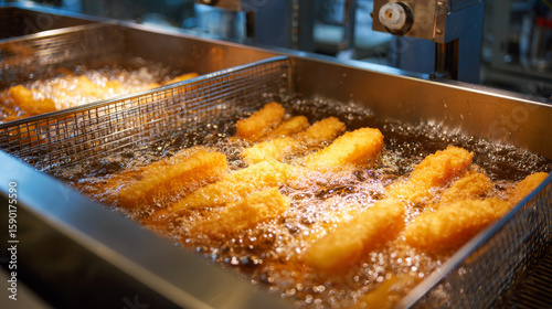 Potato fryer filled with bubbling oil in a clean, fast-food kitchen setup. 