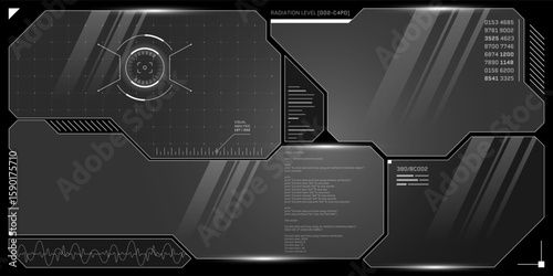 Futuristic game HUD with white and black cyber interface. Virtual dashboard displays radar, data charts and spaceship controls in sleek vector layout with transparent panels.
