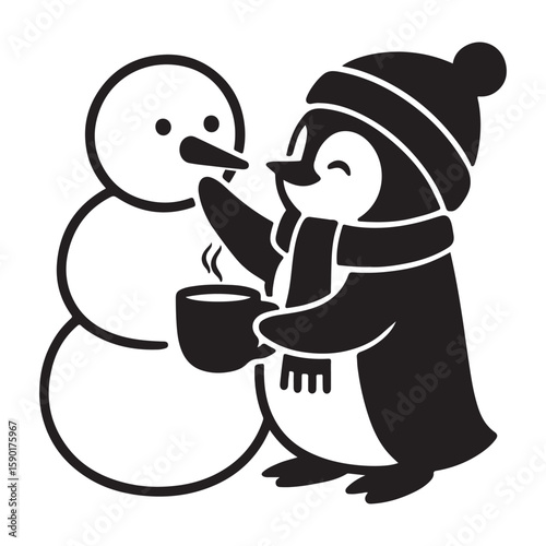 Cute Penguin and Snowman Sharing Hot Chocolate - Christmas Winter Clipart for Kids and Crafts