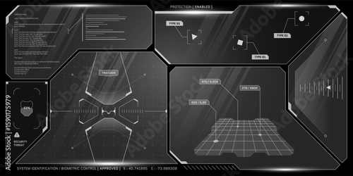 Scifi spaceship cockpit interface with radar, charts and holograms. Transparent HUD panels float over black and white digital dashboard in a sleek futuristic control room.