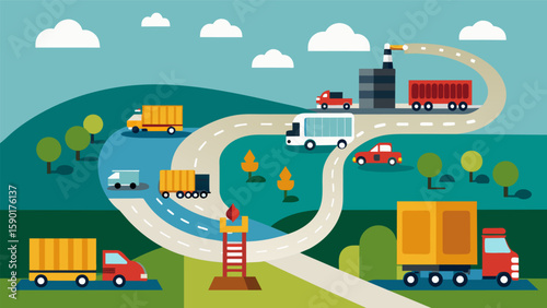 A steady flow of raw materials and heavy machinery being transported on a busy network of roads and tracks a logistical feat in itself.. Vector illustration
