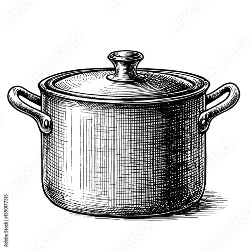 Engraving vintage ink sketch Cooking pot with lid – hand-drawn black and white vector illustration
