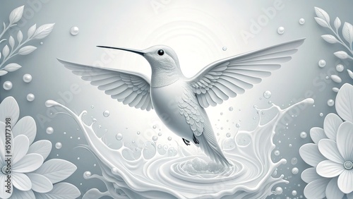 Ethereal White Hummingbird in Motion with Floral Accents - Serene Wildlife Art