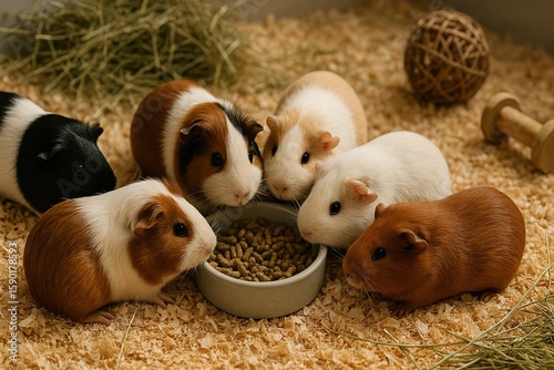 A group of guinea pigs gathered around a small feeding bowl in a clean enclosure, surrounded by wood shaving