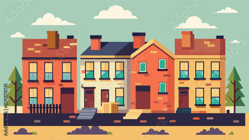 A row of rundown row houses are receiving a muchneeded facelift with new windows brickwork and landscaping as part of a larger urban redevelopment. Vector illustration