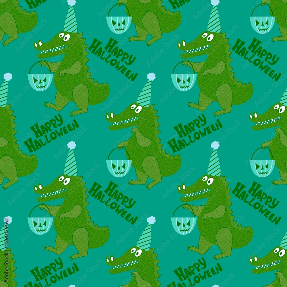 Fototapeta premium Halloween animals cartoon seamless crocodile monsters pattern for wrapping and kids clothes print and party accessories