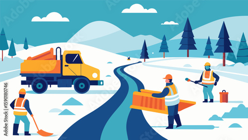 After a heavy snowfall workers use snowplows and salt to clear roads and pathways to the site ensuring safe and timely access for deliveries and. Vector illustration