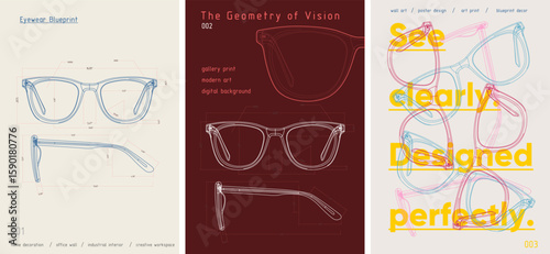 Blueprint-style vector posters showcasing detailed eyewear designs with measurements and geometry. Aesthetic, minimal and perfect for tech-inspired wall art or product mockups.