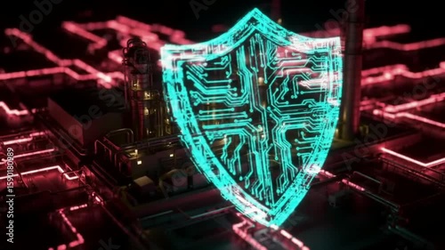 Cybersecurity Shield Protecting Industrial Plant: OT and SCADA Security Concept