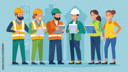 A group of workers reviewing safety protocols and procedures before beginning a new construction project ensuring everyone is on the same page.. Vector illustration