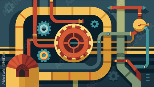 A labyrinth of pipes wires and gears surround the tunnel boring machine as it tirelessly pushes forward.. Vector illustration
