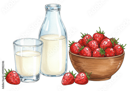 Watercolor illustration of fresh strawberries in a wooden bowl and a glass of milk with a bottle isolated on transparent background