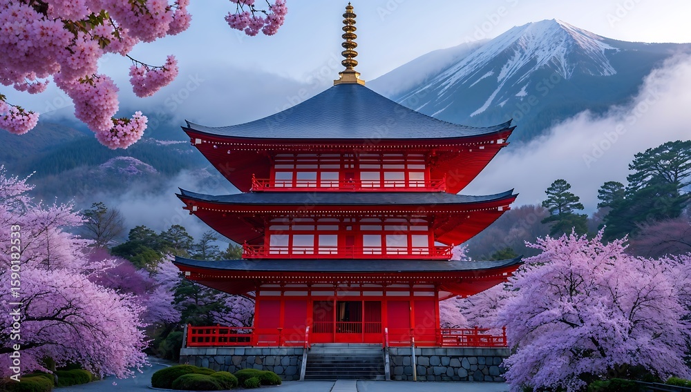 Fototapeta premium Traditional Japanese pagoda surrounded by cherry blossoms, misty mountain backdrop.