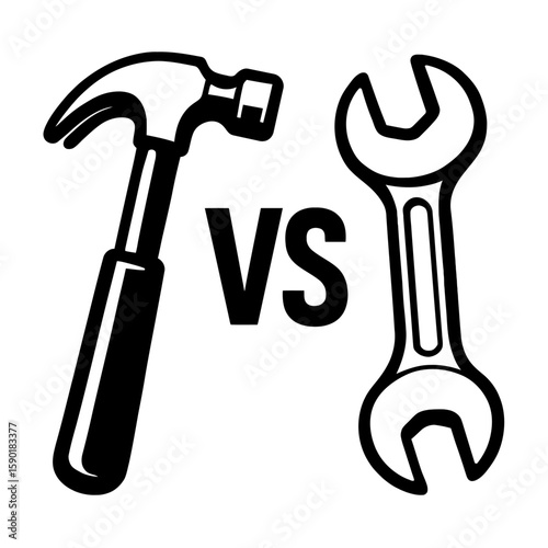 Hammer Versus Wrench Vector Illustration - Tools Comparison and Conflict