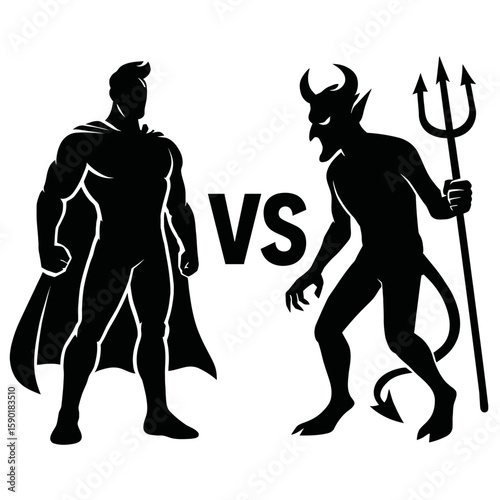 Superhero Versus Devil Silhouette Vector Illustration - Good and Evil Conflict