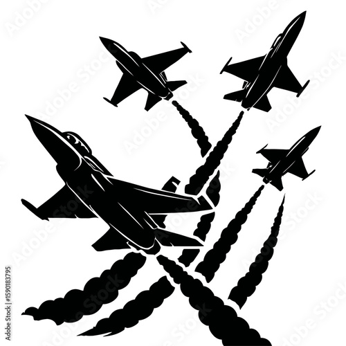 Jet Fighter Formation Flying Vector - Military Airshow Display with Smoke Trails