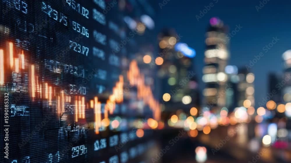 Close-up view of a digital stock ticker displaying financial data showing upward trending orange graphs against a blurred city backdrop at night  Generative AI