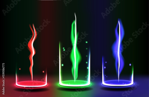 Three glass cylinders display vibrant light trails of red, green, and blue amidst a dark backdrop, creating an intriguing visual effect at night