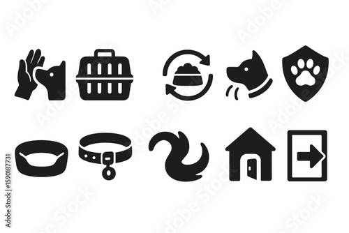 Pet care solid icon set. animal, shelter, and safety icons in solid design