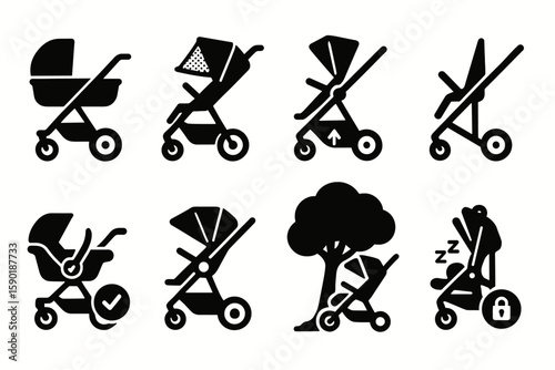 Baby stroller silhouette icon set. parenting, infant care, pram outline collection